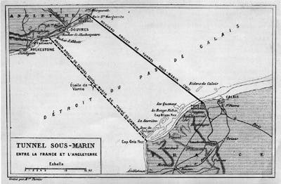 Carte du tracé Thomé de Gamond (1857) et du projet de 1873