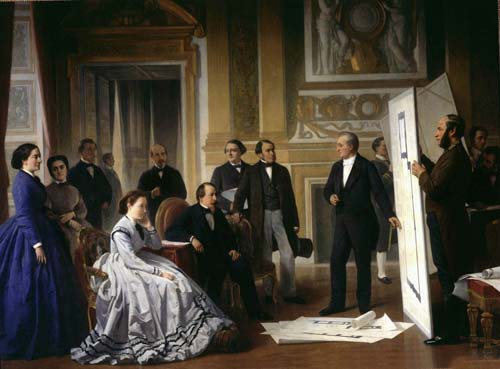 Présentation du projet d’achèvement du Louvre par Visconti à l’Empereur Napoléon III et à l’Impératrice, 1853