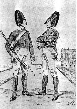 Elèves de l’Ecole de trompettes de Saint-Germain : tenues des Troupes de France