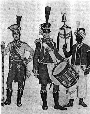 Tambour-major, 17e Régt d’infanterie légere, 1807<br>
Tambour de chasseurs, 27e régt d’infanterie légère, 1809<br>
Chapeau chinois, 15e d’infanterie légere,1807