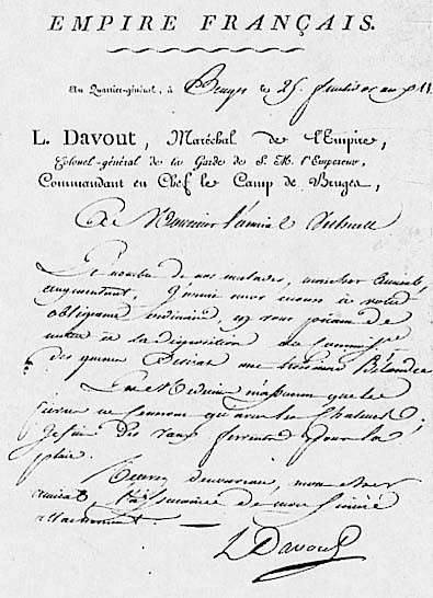 Lettre autographe du maréchal Davout, commandant en chef du camp de Bruges.