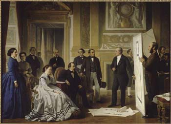 Visconti presenting his project for the completion of the Louvre to the Emperor Napoleon III and the Empress, 1853