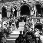 Voyage de l’Impératrice en Orient. Venise. L’Impératrice est saluée par la foule au sortir de sa visite au palais des Doges. Escalier des Géants.