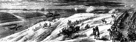 Egypte. Inauguration du canal de Suez. Trois avisos venant de Suez saluent l’entrée des navires venant de Port-Saïd dans le lac Timsah.