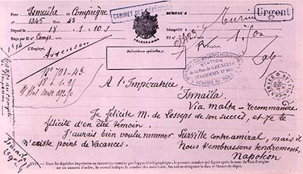 télégramme de félicitations envoyé à l’Impératrice Eugénie par Napoléon III lors de l’inauguration du canal de Suez