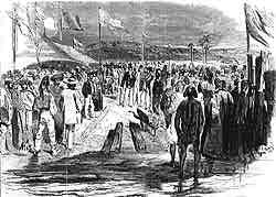 Le premier coup de pioche. Inauguration des travaux du percementde l’isthme de Suez, le 21 avril 1859.