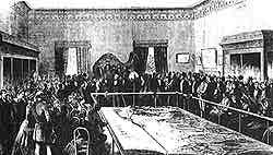 Conférence de Ferdinand de Lesseps devant les maquettes du canal de Suez