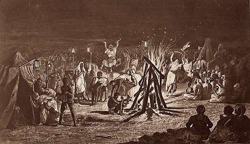 Dessin de Bénédict Masson : camp de Châlons, feux du bivouac