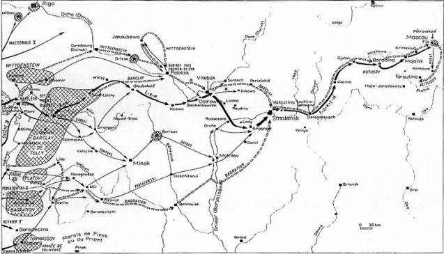 La marche vers Moscou (d'après J.C. Quennevat: l'Atlas de la Grande Armée).