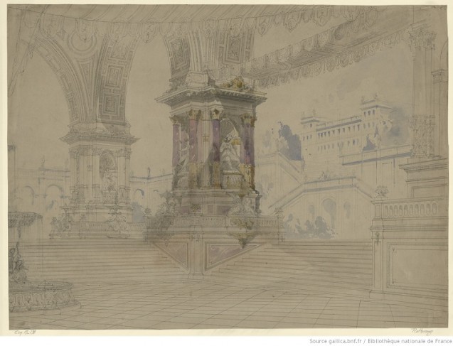 Rothomago - esquisse de décor pour le tableau 2 du prologue ou pour le tableau 4 de l'acte II - escaliers monumentaux conduisant à la terrasse d'un palais © BnF
