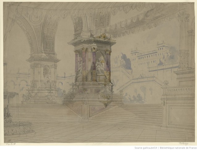 Rothomago - esquisse de décor pour le tableau 2 du prologue ou pour le tableau 4 de l'acte II - escaliers monumentaux conduisant à la terrasse d'un palais © BnF