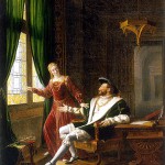 François I. He shows to his sister, the Queen of Navarre, the lines which he has just written on a window pane with his diamond: Women are often inconstant/Mad indeed is he who puts his trust in them (Souvent femme varie/Bien fol qui s’y fie)