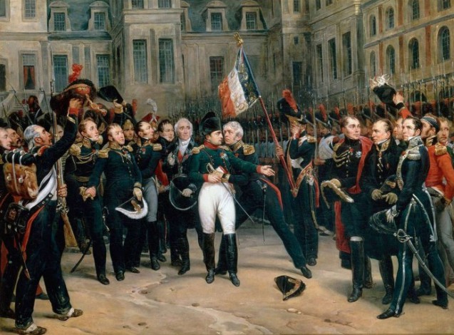 Adieux de Napoléon à la Garde impériale dans la cour du cheval-blanc du château de Fontainebleau, par Antoine Alphonse MONTFORT © Photo RMN-Grand Palais - G. Blot