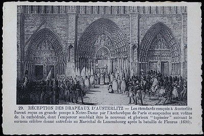 Carte postale ancienne. Réception des drapeaux d’Austerlitz (à Notre-Dame)