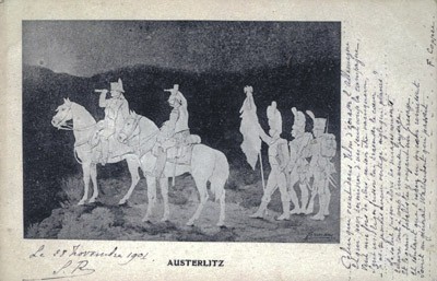 Period postcard. Austerlitz: Napoleon viewing the battlefield with a telescope