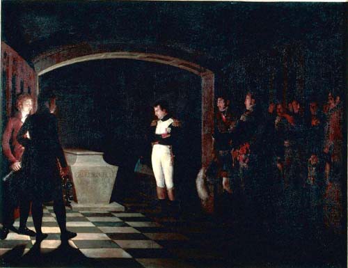 Napoleon meditating before the tomb of Frederick II of Prussia in the crypt of the Garnisonkirche in Potsdam