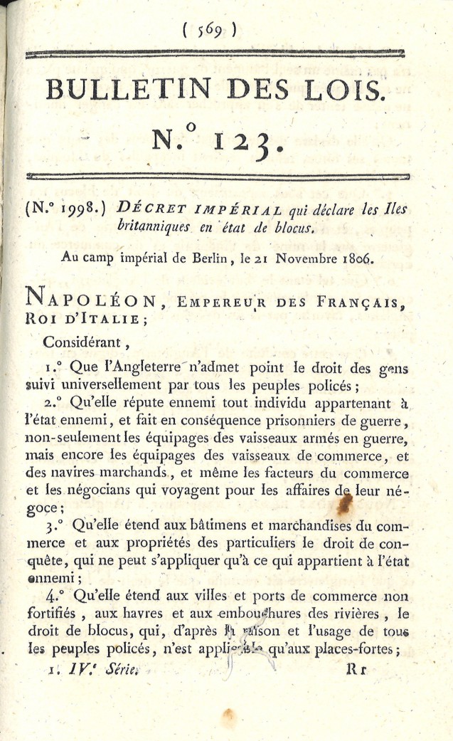 Document > Décret impérial qui déclare les Îles britanniques en état de blocus (Berlin, 21 novembre 1806)