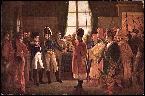 Czar Alexander I presenting the Kalmuks, Cossacks and Baskirs of the Russian army to Napoleon I, at Tilsit – July 1807