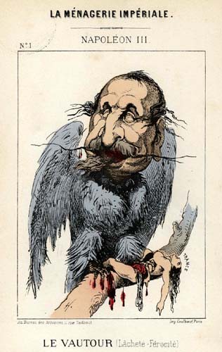 Caricature : La Ménagerie impériale. Napoléon III Le Vautour (Lâcheté – Férocité)