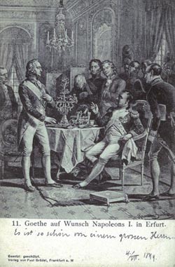 Period postcard: Goethe and Napoleon I meeting in Erfurt (Germany) in the governor’s palace, 1808