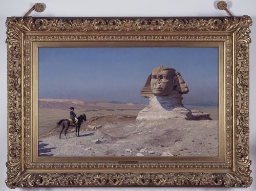 <i>Gérôme, Oedipe, Hearst Memorial Castle, San Simeon. Hearst Castle, StateParks, Garagliano</i>” />Another name deserves a particular mention: Nicolas-Jacques Conté, the inventor of the 'conté' drawing-medium and one of the expedition's protagonists. His precise sketches, part of Baron Thénard's private collection, are rarely seen on display, and some of them are also accompanied by little morsels of poetry, such as the example of <EM>Vue du Sphinx et de la grande pyramide</EM>.<BR><BR>These drawings are mostly taken from the Description de l'Egypte, the enormous 20-volume work that was ordered by Bonaparte in 1802. These volumes, on the bicentenary of their publication, are the visitor's guiding spirit throughout the exhibition. Another of the volumes' major contributor who deserves mention is Vivant Denon.<BR><BR>A former diplomat under Louis XVI, Denon was a man of the 18th century and took his stylistic inspiration for his sketches thus. As well as engraver and future director of the Musée Napoléon (today the Louvre), he was also a writer and in 1802, he published his <EM>Voyage dans la Basse et Haute-Egypte pendant les campagnes du général Bonaparte </EM>(<EM>Travels in Lower and Upper Egypt during the campaigns of General Bonaparte</EM>). His drawings proved popular with the French public and some were replicated in decorations, such as on the tasses du <A class=texteIntro href=