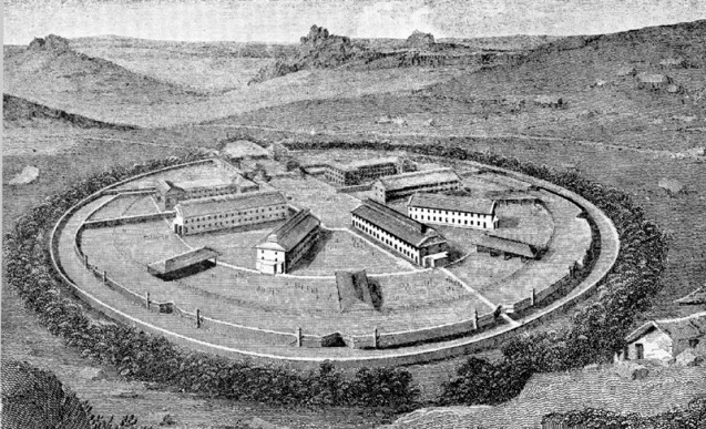 A perspective view of the original buildings (two of which were built by the French prisoners).