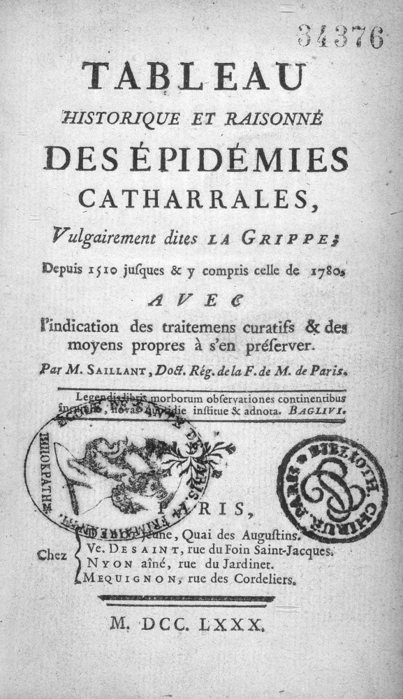 Tableau historique [...] de la grippe - C. SAILLANT - Didot Jeune 1780