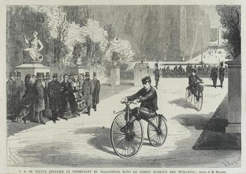 Le Prince impérial se promenant en vélocipède dans le jardin des Tuileries