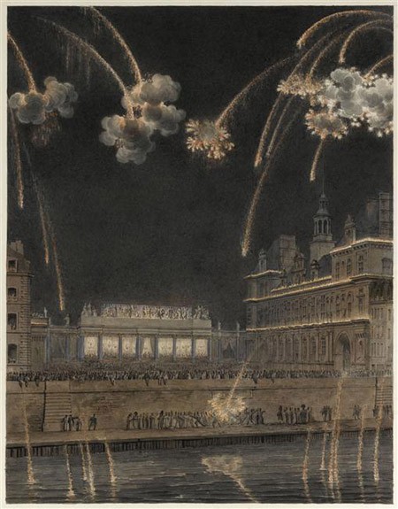 Vue de l’Hôtel de Ville illuminé avec la tribune Impériale construite pour la circonstance (10 juin 1810)