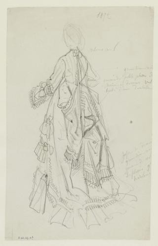 Figure de dos en robe à tournure avec rangs de volants et rubans, Fonds d’archives graphiques de Maurice Leloir, 1872 © Palais Galliera, musée de la Mode de la Ville de Paris