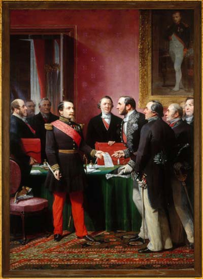 Napoléon III remettant au baron Haussmann le décret d’annexion des communes limitrophes (16 février 1859)