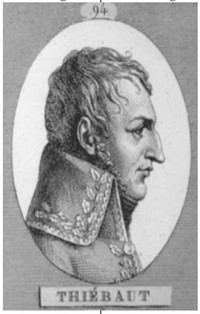 <i>Thiébaut</i>. Part of a series of 100 Generals, engraved by Bovinet, ca. 1830.” />At about 0830, the columns began to move. General Morand's 10th <EM>Léger</EM>, deployed in line, angled slightly to the southeast towards the Pratzeberg. Behind the 10th, Thiébault's brigade marched up the gently rising slope in a line of battalion attack columns. As the Brigade crossed the 240 meter contour, Thiébault ordered the left-hand battalion, the 1st Battalion of the 14th <EM>Ligne</EM> (1/14) under the regimental commander, Colonel Jacques François Mazas, to clear the village of Pratze on their left. Deploying into a line of companies, but without sending forward skirmishers, the battalion moved to the edge of a ravine through which a branch of the Goldbach brook flowed, separating the battalion from the village. As it reached the edge of the ravine, a Russian battalion concealed on the other side of the ravine stood and fired a volley that broke the battalion. It turned and fled back behind the rest of the brigade, and for a short time, only two guns of the 5th Foot Artillery, which had accompanied the battalion, remained to oppose the Allied buildup south of the village. The Russian reserve battalion, the Apsheron Musketeers, reinforced by three additional battalions of the Little Russian Grenadiers, charged three times. Twice, the gunners drove them back. The third time, they abandoned their guns.<BR><BR>Thiébault reacted:<BR><BR><EM>…I rode forward, calling to Mazas to rally his battalion. Then, having dismounted and ordered the 36th (his right two battalions) to march on the village … and charging at the head of the 2d battalion of the 14th, which deployed as it ran, I flung myself into the ravine where my horse could not have got down, attacked the Russians with the bayonet and routed them….</EM>(<A class=texteIntro href=