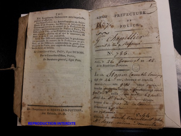 Worker’s Record Book belonging to an apprentice Hatter, Paris, rue Vivienne (inside page; First Empire period)