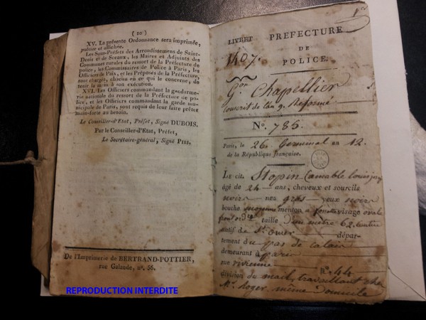 Livret ouvrier d’un garçon chapelier à Paris, rue Vivienne (page intérieure ; période Premier Empire)