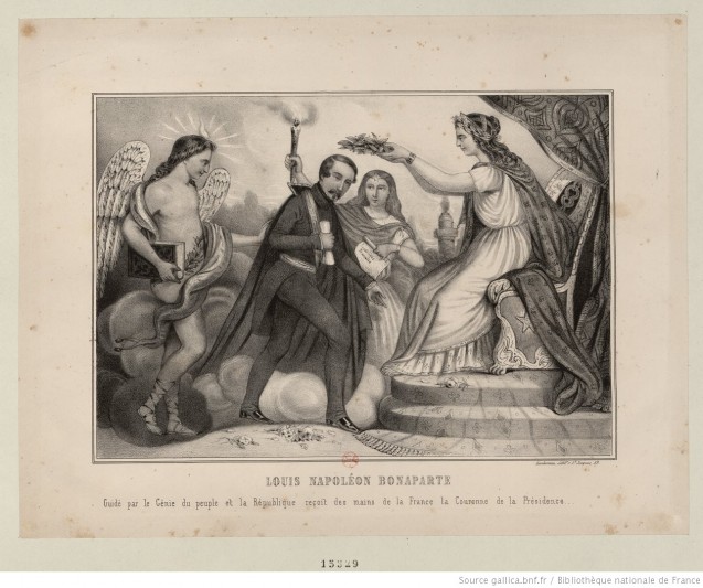 Louis-Napoleon Bonaparte guided by the Genius of the People and the Republic receives the Crown of the Presidency from the hands of France