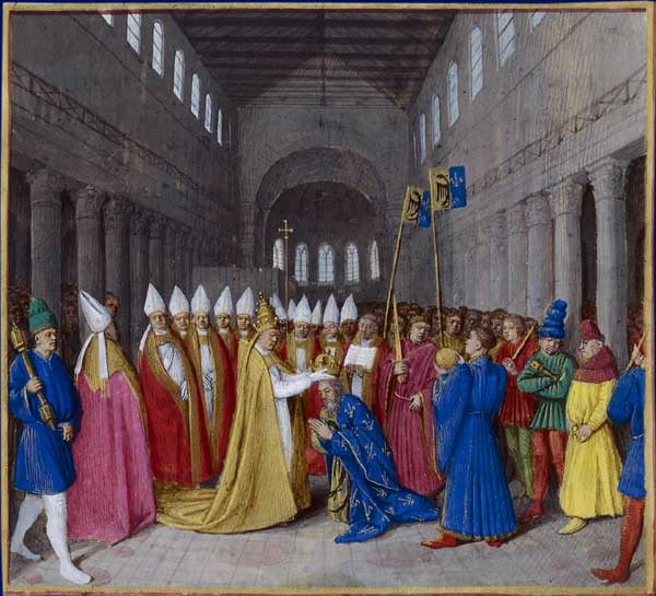 Jean Fouquet, Grandes Chroniques de France - Sacre de Charlemagne en 800 en tant qu’empereur des romains par le pape Léon III © Wikipedia.
