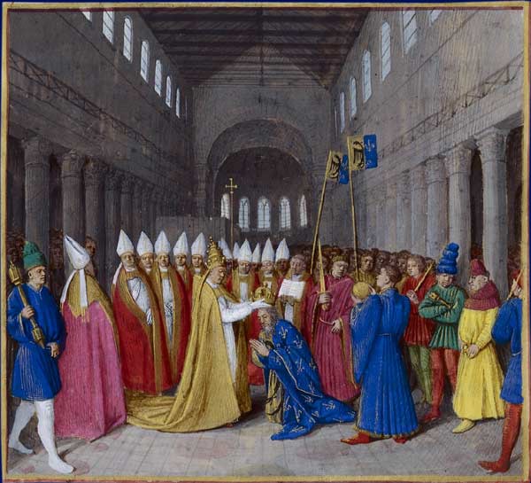 Jean Fouquet,  Grandes Chroniques de France - Sacre de Charlemagne en 800 en tant qu’empereur des romains par le pape Léon III © Wikipedia.