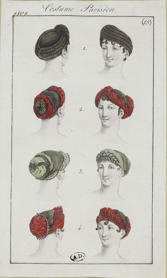 A Parisian fashion plate, 1808, shows the turban as a female fashion accessory [Pinterest]