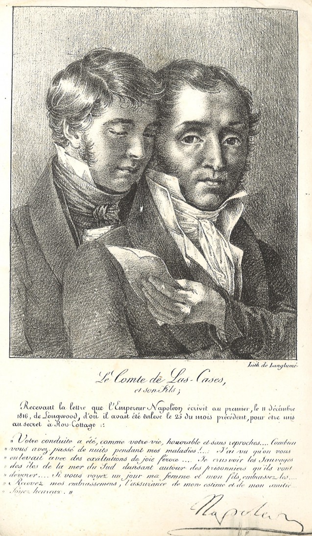 Gravure du vol. 2 du "Recueil des pièces authentiques" : Las Cases et son fils recevant la lettre de Napoléon