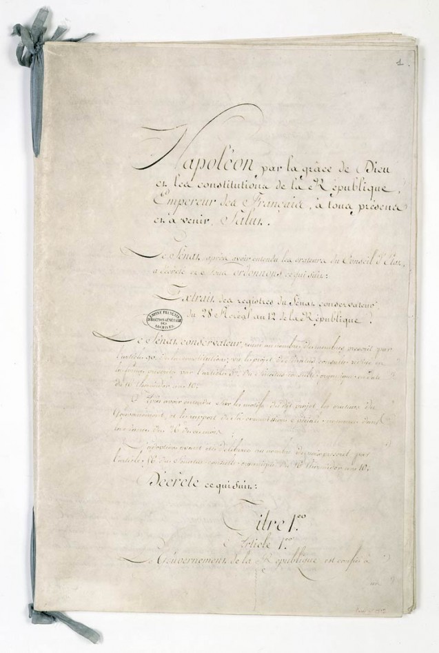 First page of the Sénatus-consulte organique du 28 floréal an XII (18 May 1804)