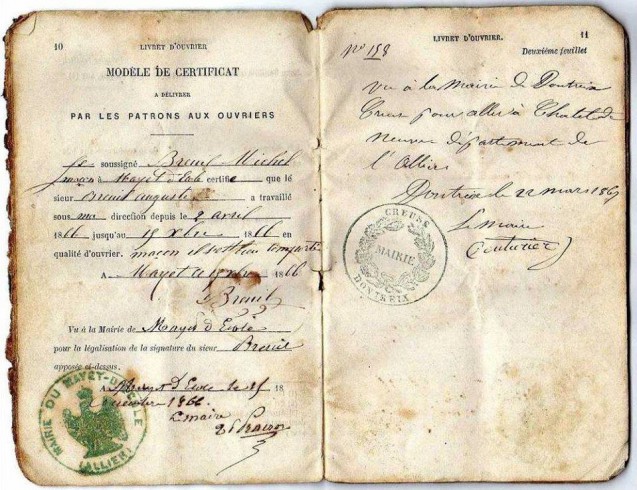 Page du Livret ouvrier d’Auguste Breuil (1866-1867)