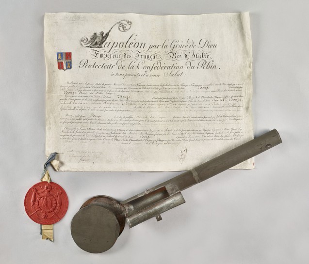 Charles Bouge’s Baron d’Empire Diploma with the imperial seal and case