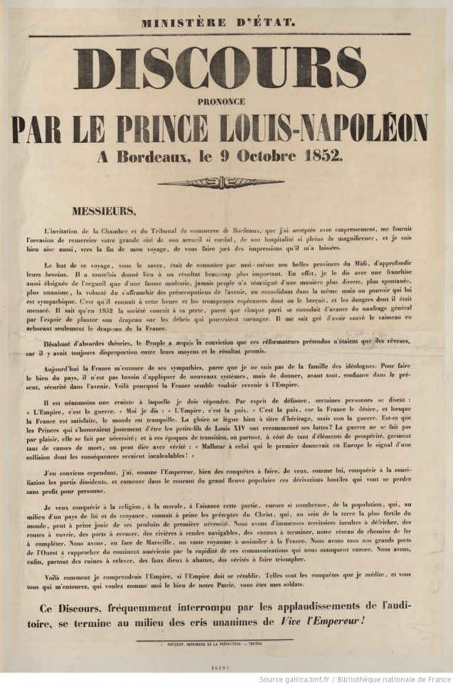 Document > Discours de Bordeaux, 9 octobre 1852 : commentaire et extraits, affiche à télécharger