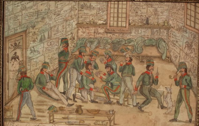 Intérieur de la salle de Police de cavalerie. Souvenirs, mémoires, campagnes et voyages… du sous-lieutenant Chevalier © Bibliothèque Thiers