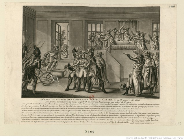 Meeting of the Council of the Five Hundred Cent held in St Cloud on 19 Brumaire An VIII:  by saving Buonaparte the brave grenadiers of the legislative body saved France