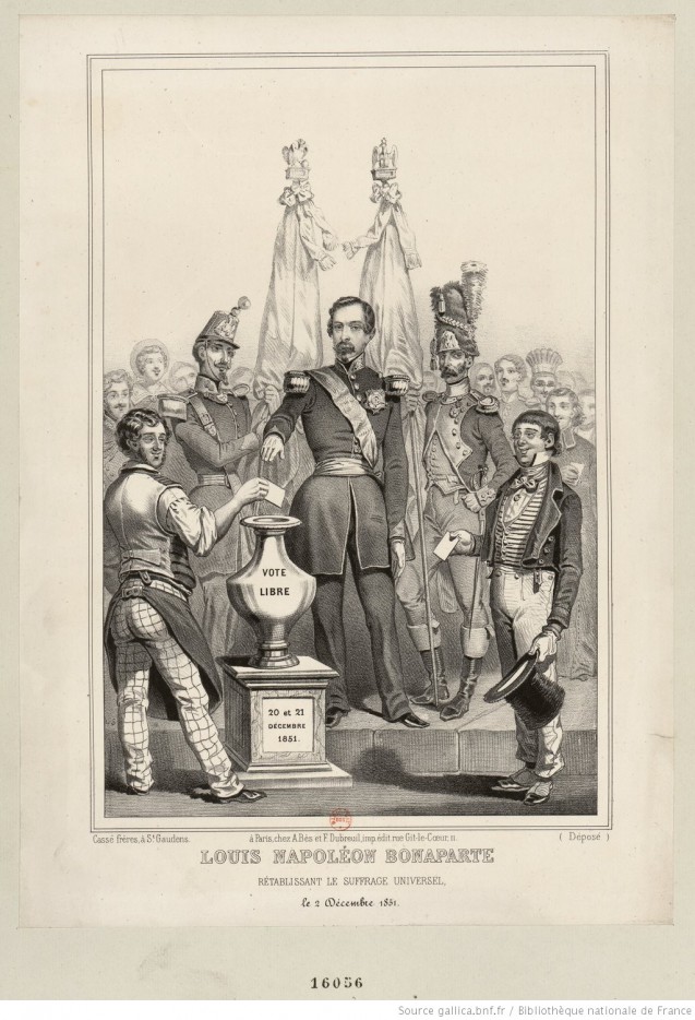 Louis-Napoléon Bonaparte rétablissant le suffrage universel, Le 2 Décembre 1851 : [estampe] <br>© BnF (Gallica, identifiant ark:/12148/btv1b53018981f)