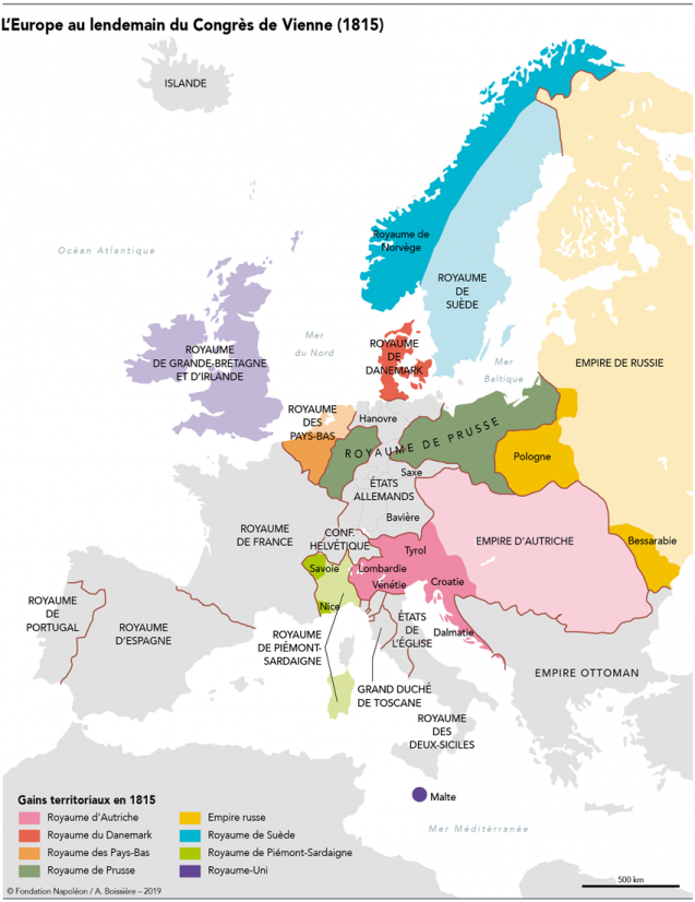 Carte de l’Europe en 1815 après le Congrès de Vienne