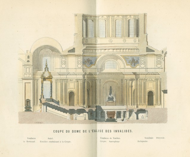 Tombeau de Napoléon 1er aux Invalides Coupe longitudinale de Dôme des Invalides Gravure aquarellée de Delangle In : "Tombeau de Napoléon 1er érigé dans le Dôme des Invalides par M. Visconti", Paris, L. Curmer Editeur, 1853. Paris © Fondation Napoléon, Bibliothèque Martial Lapeyre