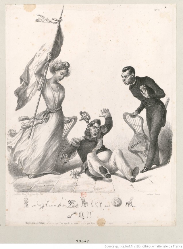 Caricature de Louis-Philippe qui s'effondre entre les deux chaises "République" et "Réforme" <br>que la France et Guizot écartent chacun d'un côté : [estampe] <br>© BnF Gallica (identifiant ark:/12148/btv1b530138513)