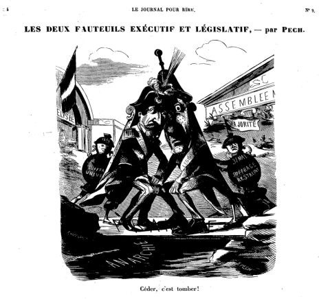 "Les deux fauteuils exécutif et législatif", in Le Journal pour rire, 28 novembre 1851 <br>© BnF Gallica (identifiant ark:/12148/bpt6k5499360j)